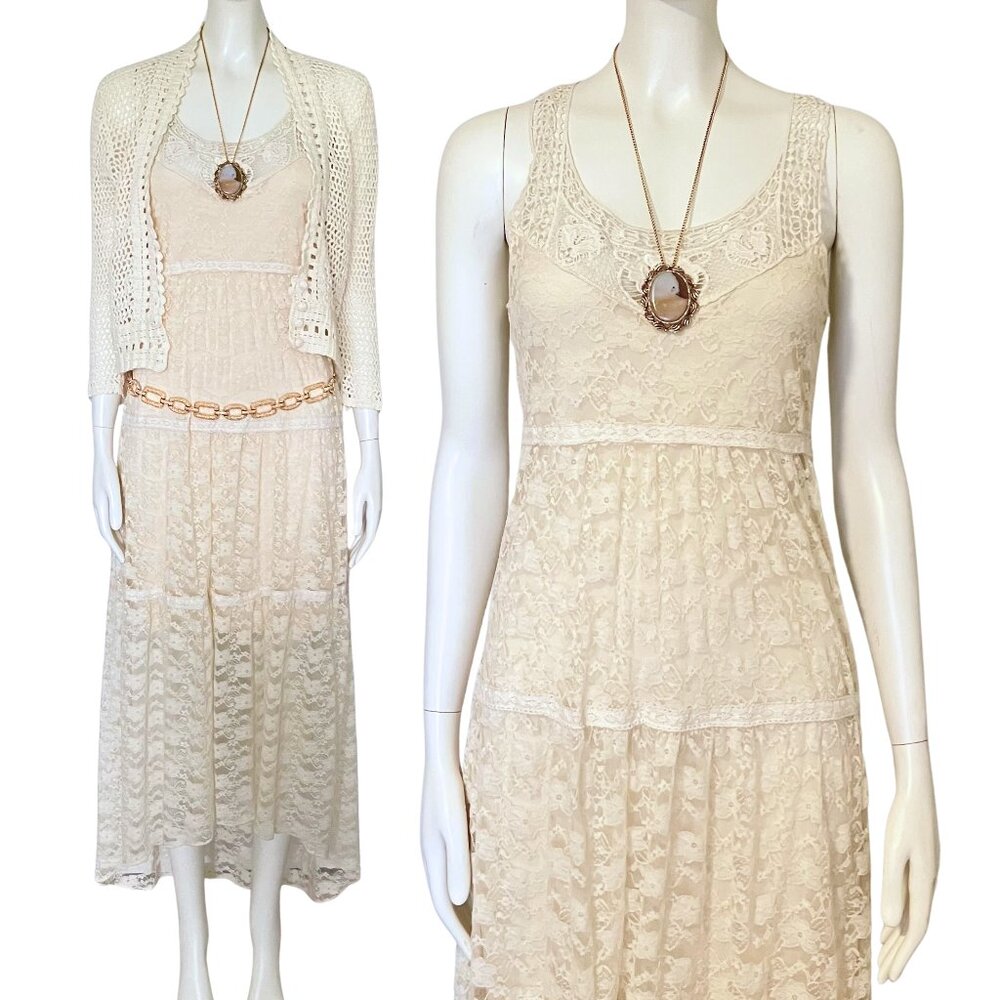 Off White Lace Boho Asymmetrical Midi Dress. S/M. Festival Cream Fairycore Maxi